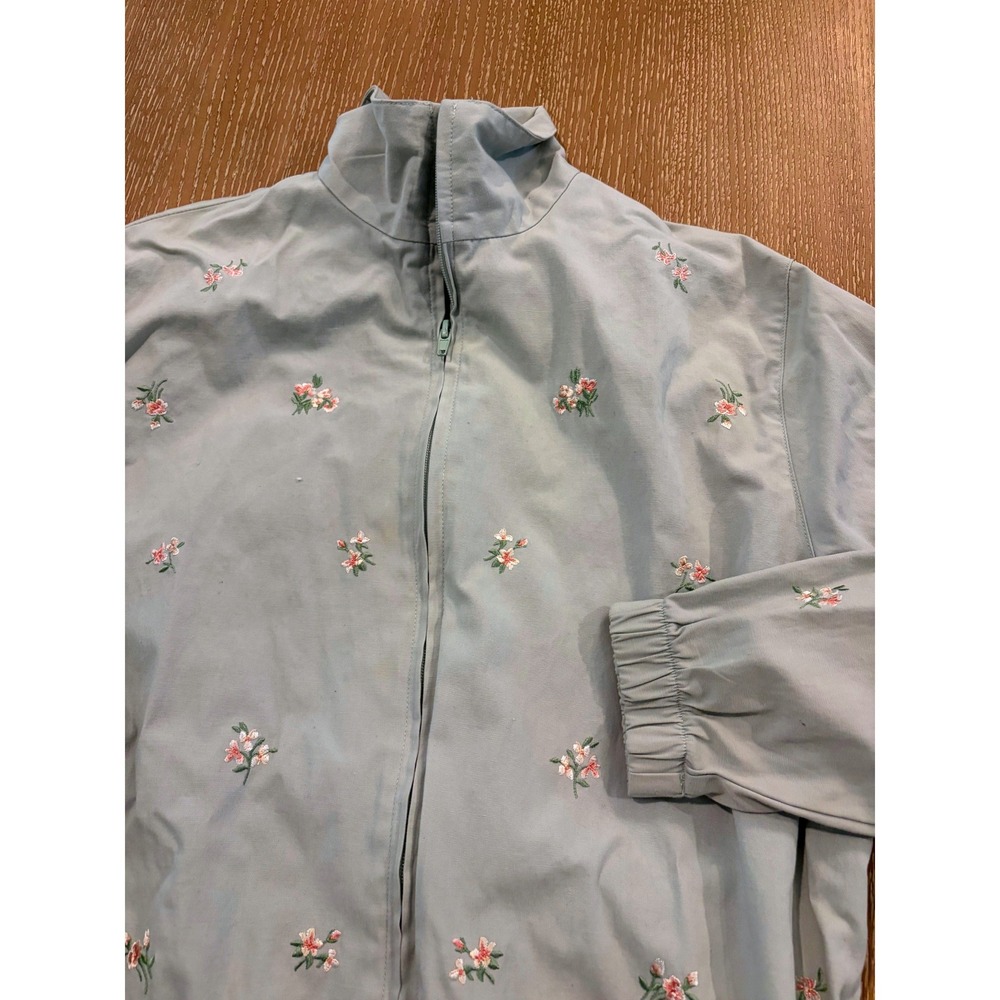 Alfred Dunner Womens Medium Blue Floral Embroidered Full Zip Jacket Cotton Blend
